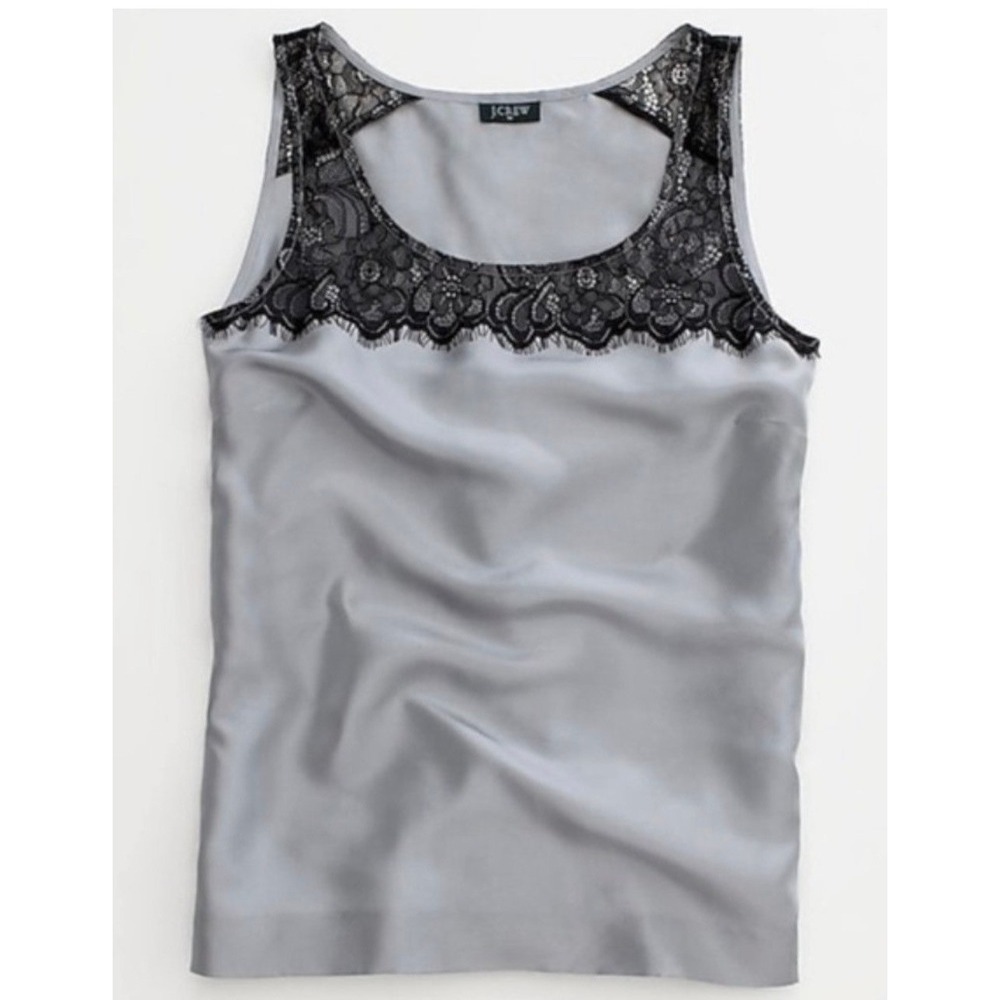 J. Crew Lisette Lace Shell 100% Silk Tank Top Silver Gray Black 12 Romance 46573